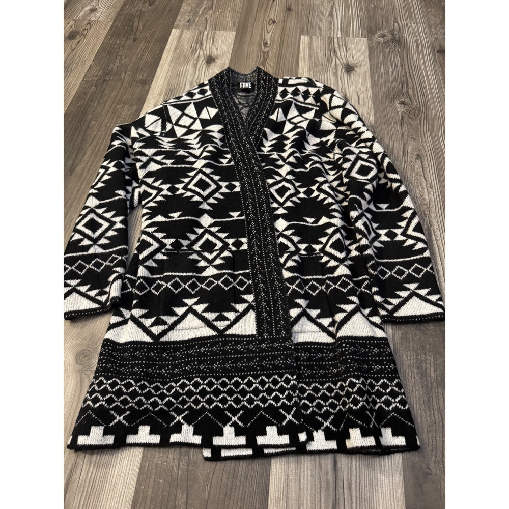 Frye Womens XL Black White Geometric Southwestern Open Front Cardigan Sweater